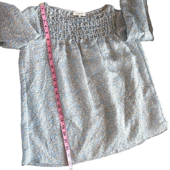 Lafayette 148 New York Silk Blend Paley Jacquard Long Sleeve Top Blue Cream XS - Picture 14 of 16